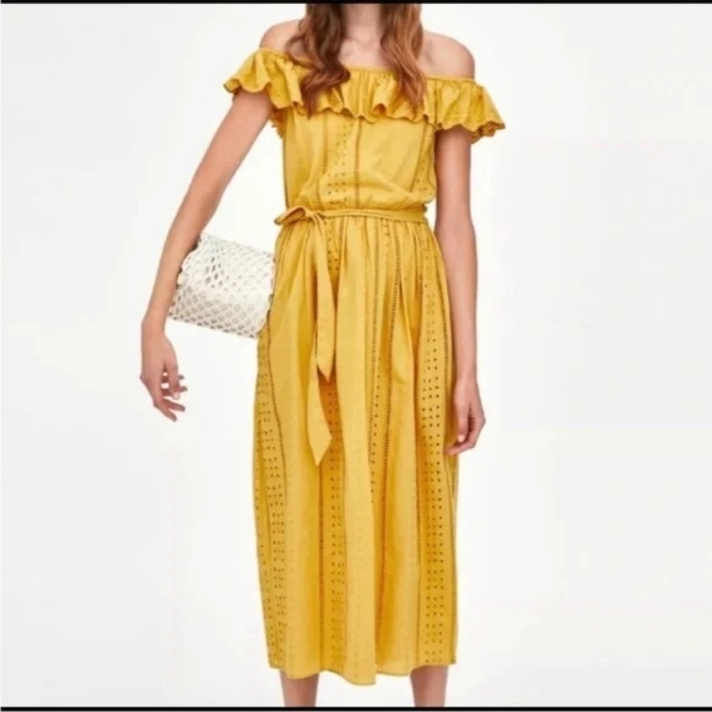 Zara Mustard‎ Ruffle Off-Shoulder Eyelet Midi Dress size S
